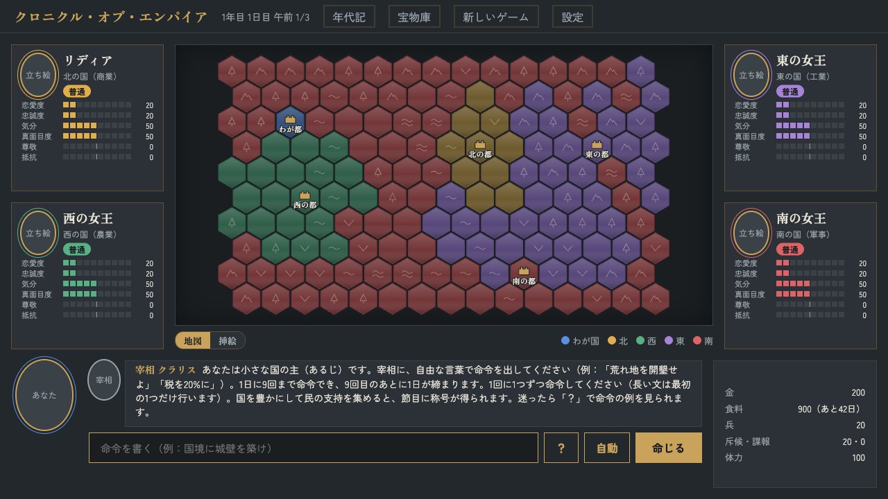 ゲームの画面。中央に150マスの六角形の地図があり、北・西・東・南の国と自分の国が色分けされ、都と地形の印が載っている。左右に女王の札、下に命令の入力欄