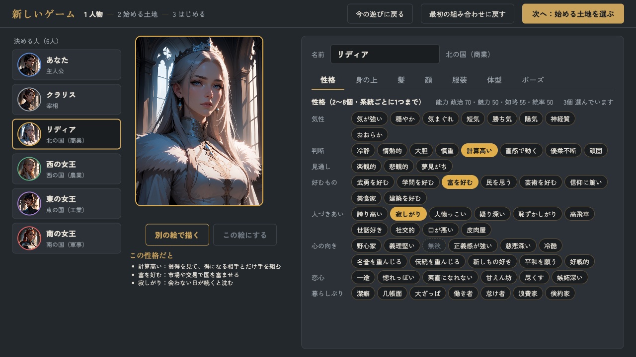 キャラクターデザインの画面。北の女王リディアの立ち絵の横に、性格を選ぶ欄が並ぶ。気性・判断・見通し・好むもの・人づきあい・心の向き・恋心・暮らしぶりの8つの系統に、それぞれ性格の札がある。リディアは計算高い・富を好む・寂しがりの3つが選ばれ、立ち絵の下に「この性格だと」の説明が出ている